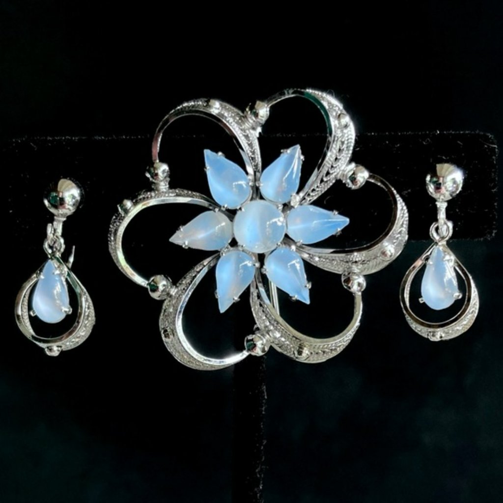 Alice Caviness Vintage Sterling Blue Moonstone Filigree Pendant/Pin/Earring Set
